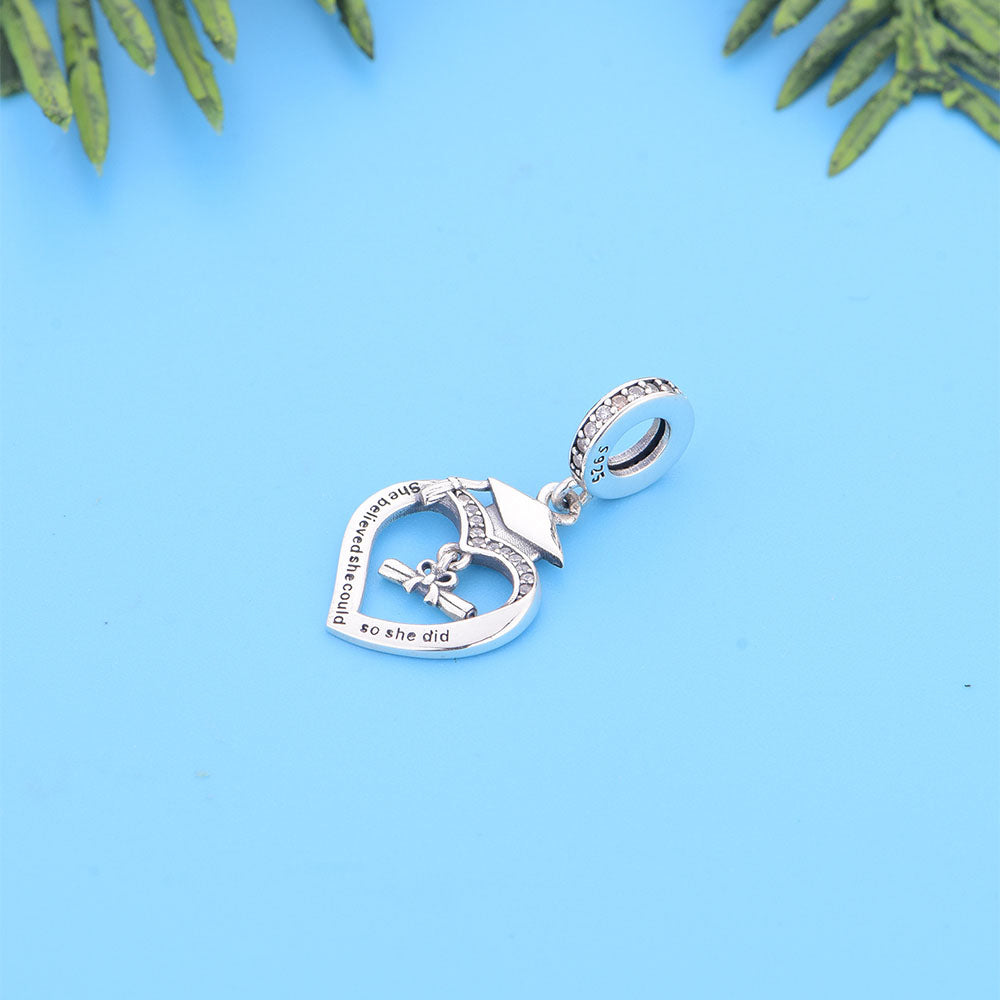 Graduation "She Believed" Heart Charm - 925 Silver Diploma Pendant