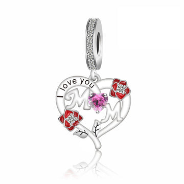 "Blooming Love" Mom Heart Charm - 925 Silver Pink Zirconia & Rose