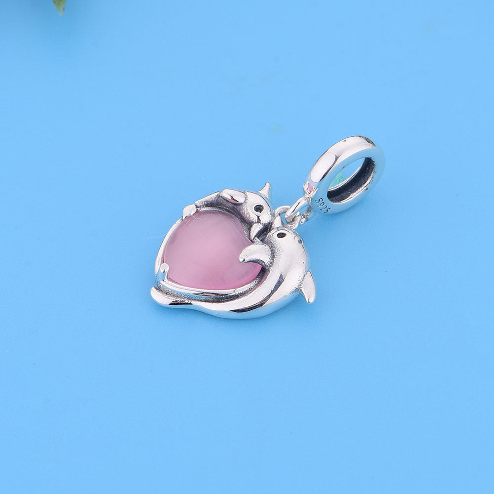 "Ocean Pulse" Kissing Dolphins Charm - 925 Silver Pink Heart Stone