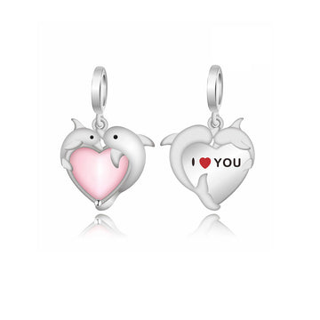 "Ocean Pulse" Kissing Dolphins Charm - 925 Silver Pink Heart Stone