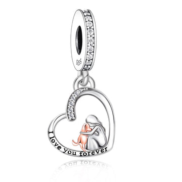 "Eternal Embrace" - 925 Sterling Silver Girl and Dog Heart Dangle Charm
