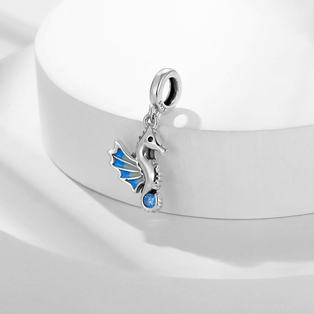 "Ocean Guardian" Seahorse Dangle Charm - 925 Sterling Silver Blue Enamel