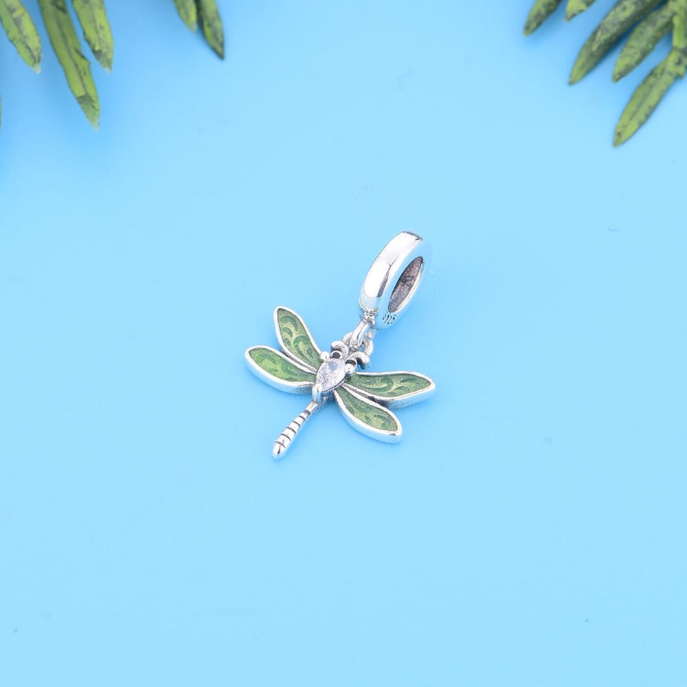 "Forest Spirit" Dragonfly Charm - 925 Sterling Silver Green Enamel