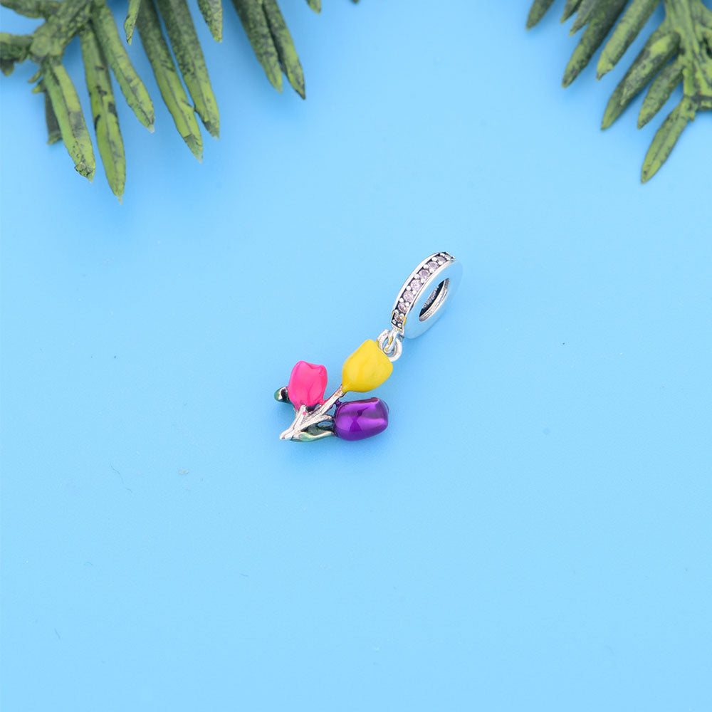 "Blooming Tulips" Floral Pendant - 925 Silver & Colorful Enamel