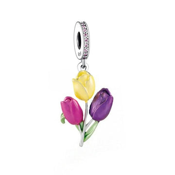"Blooming Tulips" Floral Pendant - 925 Silver & Colorful Enamel