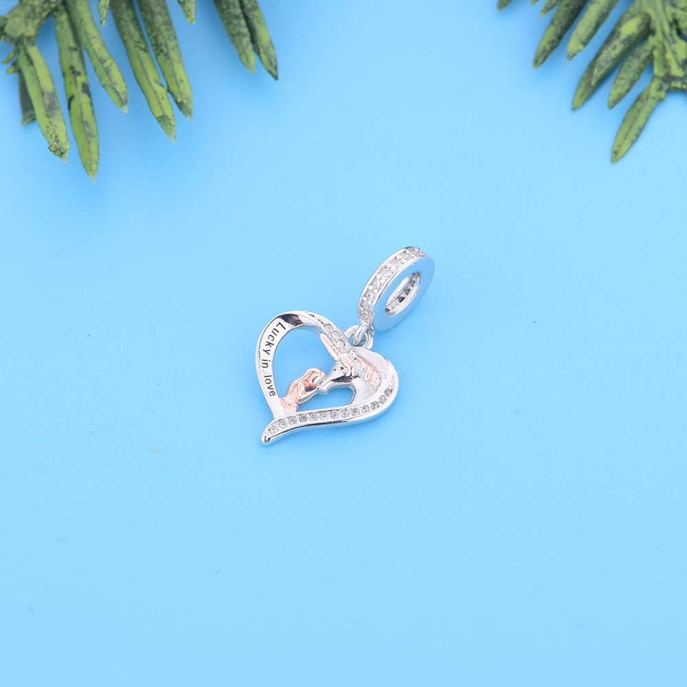 "Lucky in Love" Unicorn & Girl Charm - Two-Tone 925 Sterling Silver