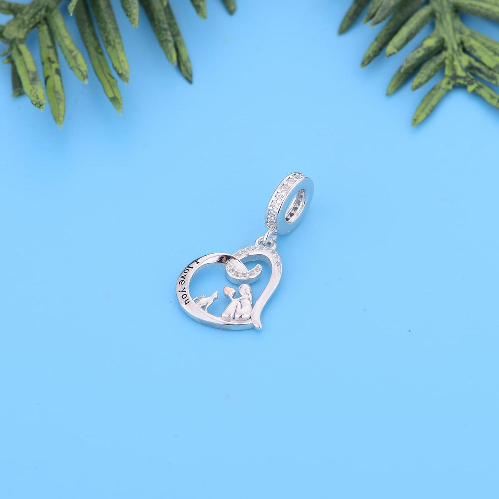 "Eternal Bond" Girl & Cat Heart Charm - Two-Tone 925 Sterling Silver