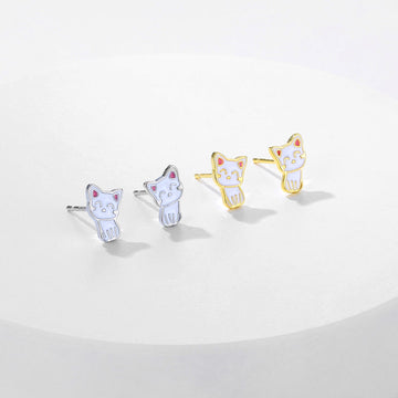 "Purrfect Serenity" - 925 Sterling Silver Cute Cat Stud Earrings