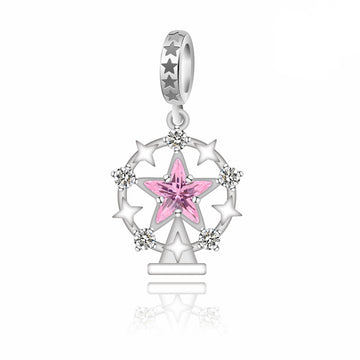 "Stellar Ferris Wheel" - 925 Sterling Silver Pink Star Pendant Charm