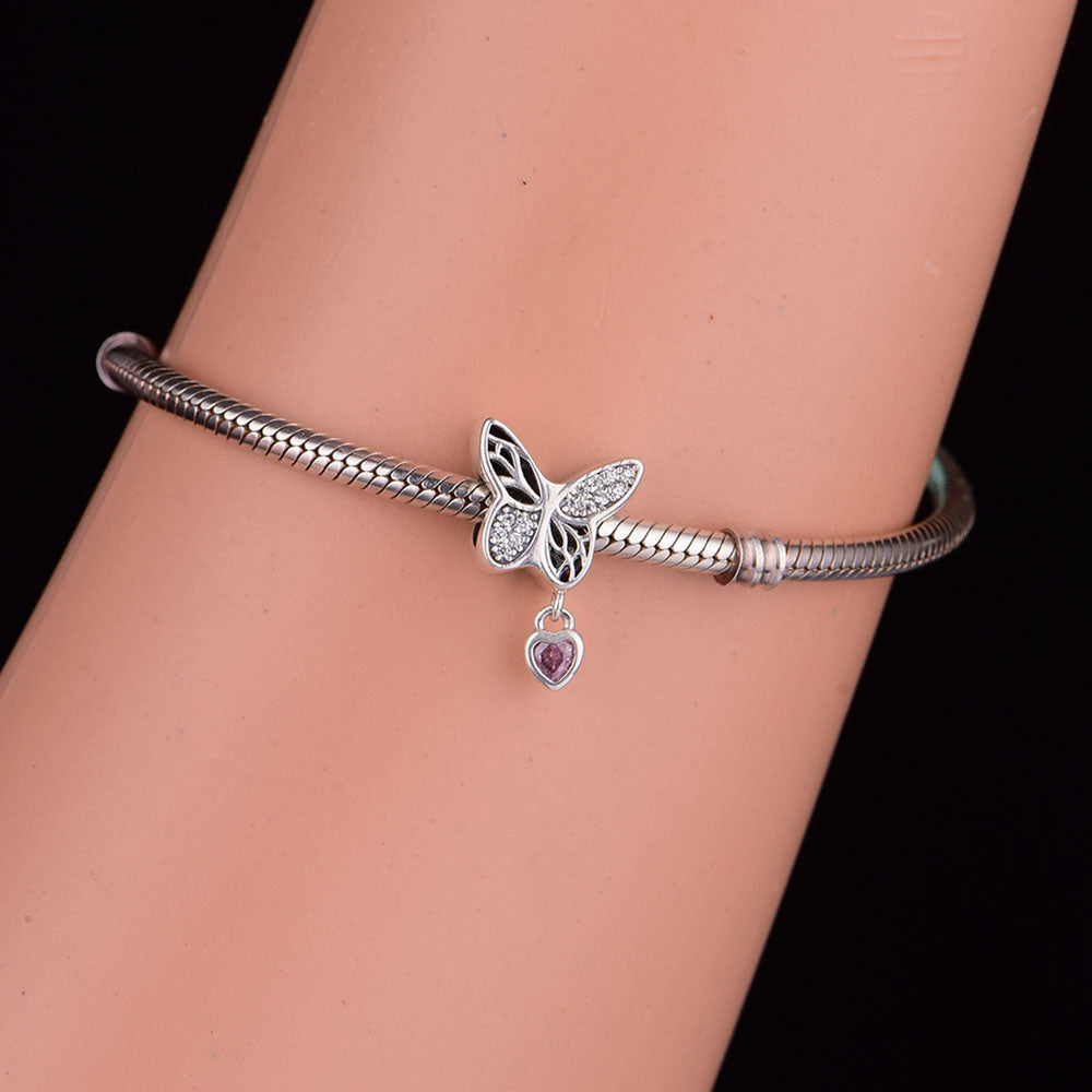 "Butterfly Waltz" Dangle Charm - 925 Silver Pink Heart Zirconia