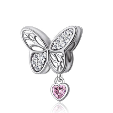 "Butterfly Waltz" Dangle Charm - 925 Silver Pink Heart Zirconia