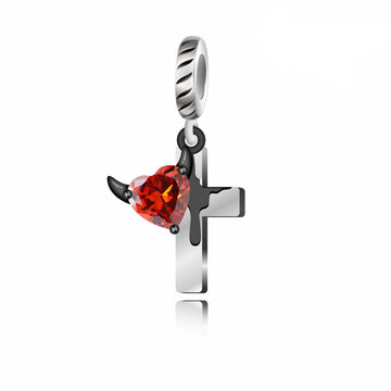 "Rebellious Devotion" - 925 Sterling Silver Devil Heart Cross Charm
