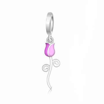 "Floral Bloom" - 925 Sterling Silver Pink Tulip Flower Pendant Charm