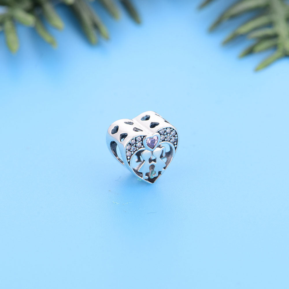 "Pure Bond" Boy & Girl Heart Charm - 925 Sterling Silver & Pink CZ