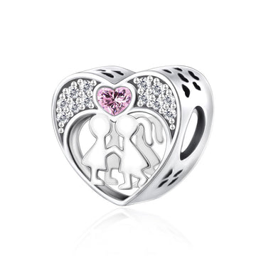 "Pure Bond" Boy & Girl Heart Charm - 925 Sterling Silver & Pink CZ