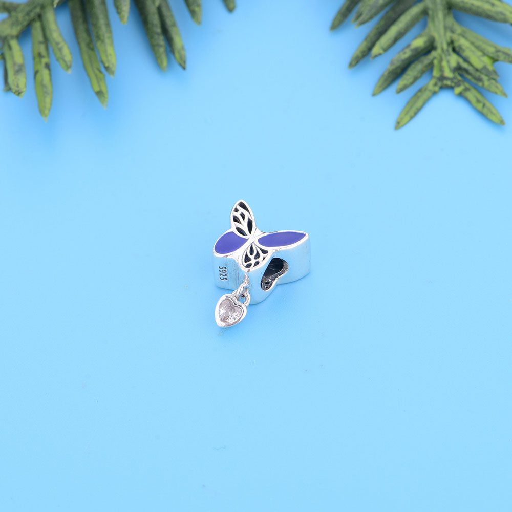 "Midnight Wing" Blue Butterfly Bead - 925 Silver Sparkling Heart Charm
