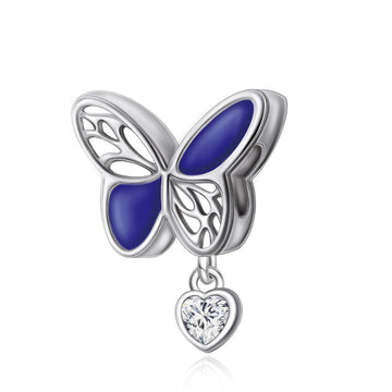 "Midnight Wing" Blue Butterfly Bead - 925 Silver Sparkling Heart Charm