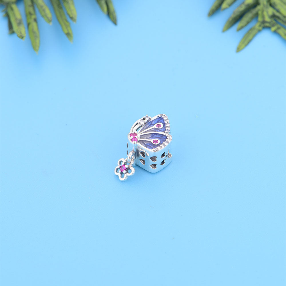 "Floral Wing" Reversible Butterfly Bead - 925 Silver Blue CZ Charm