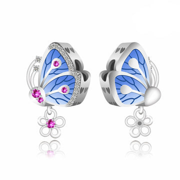 "Azure Wings" - 925 Sterling Silver Blue Butterfly Flower Charm