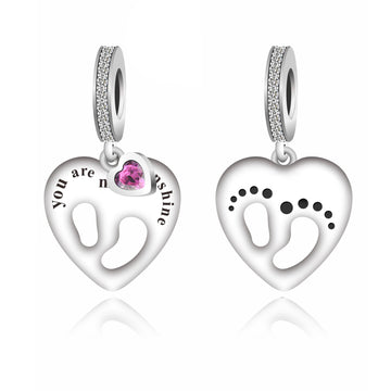 "Double Heart" Sunshine Footprint Charm - 925 Silver & Pink Zirconia