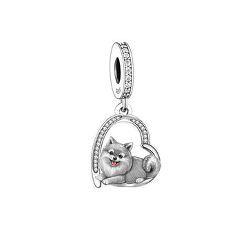 "Spirited Joy" Pomeranian Heart Dangle Charm - 925 Sterling Silver & CZ