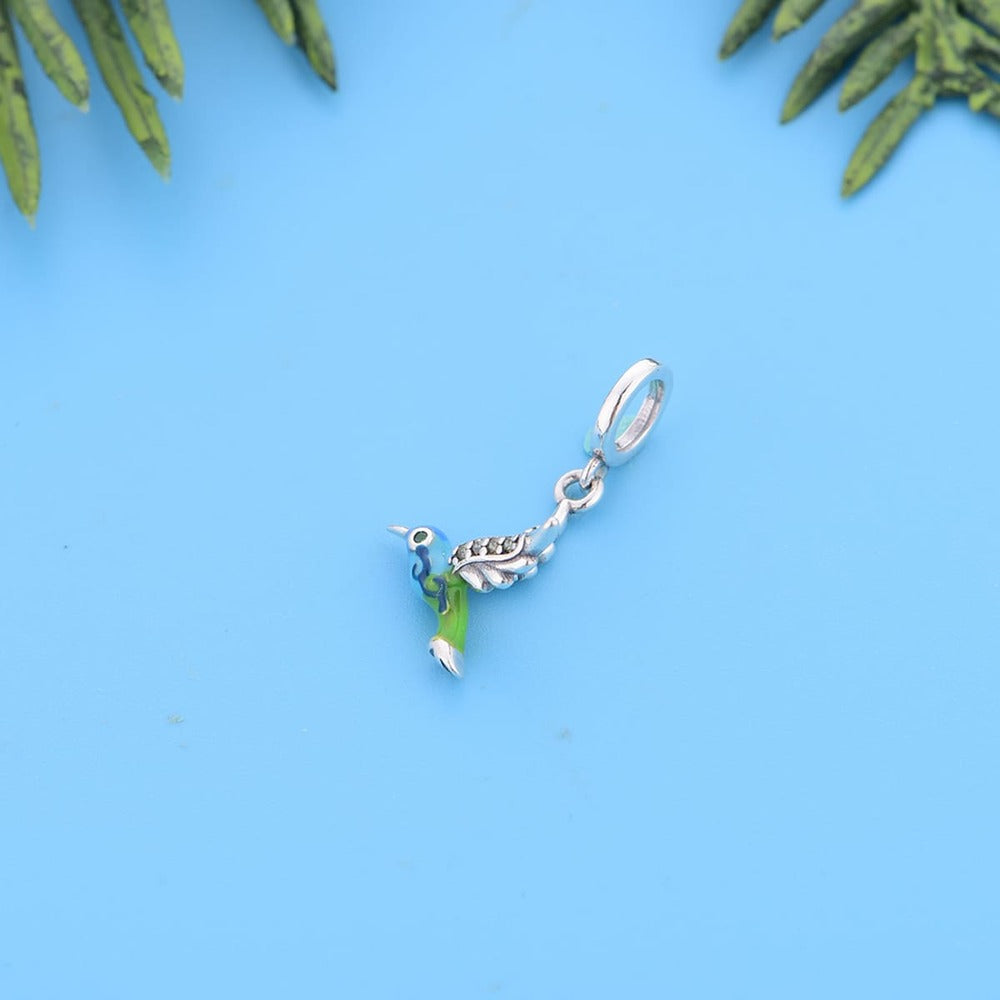 "Forest Jewel" Hummingbird Charm - 925 Silver Blue & Green Enamel