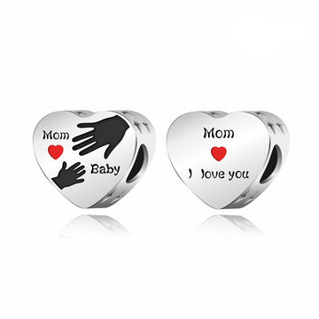 "Hand in Hand" Mom & Baby Heart Charm - 925 Silver Double-Sided Bead
