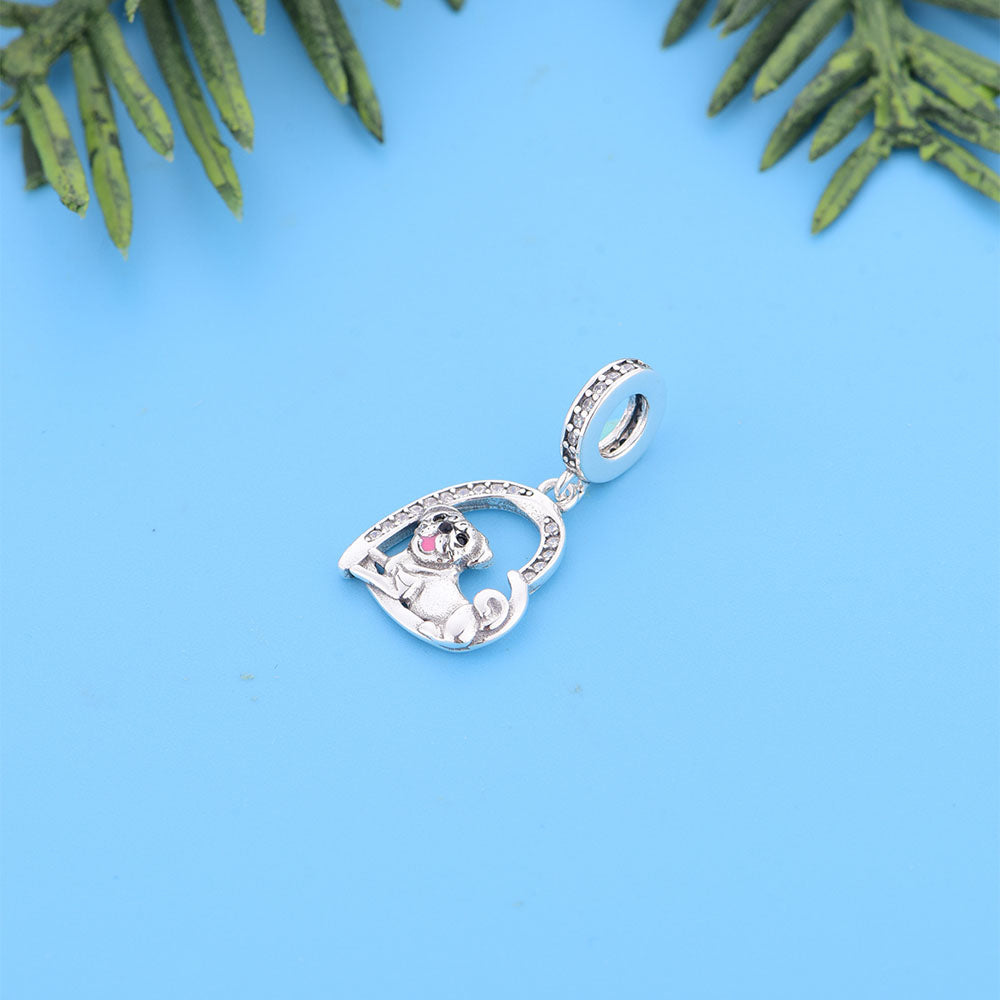 Close-up of the 925 Sterling Silver pug charm and its detailed dog design