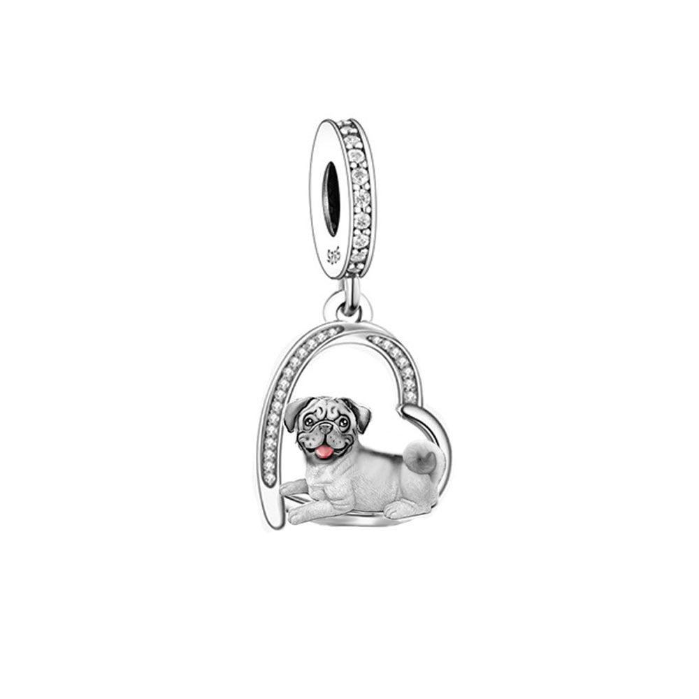 925 Sterling Silver pug dog heart charm with cubic zirconia and pink enamel details