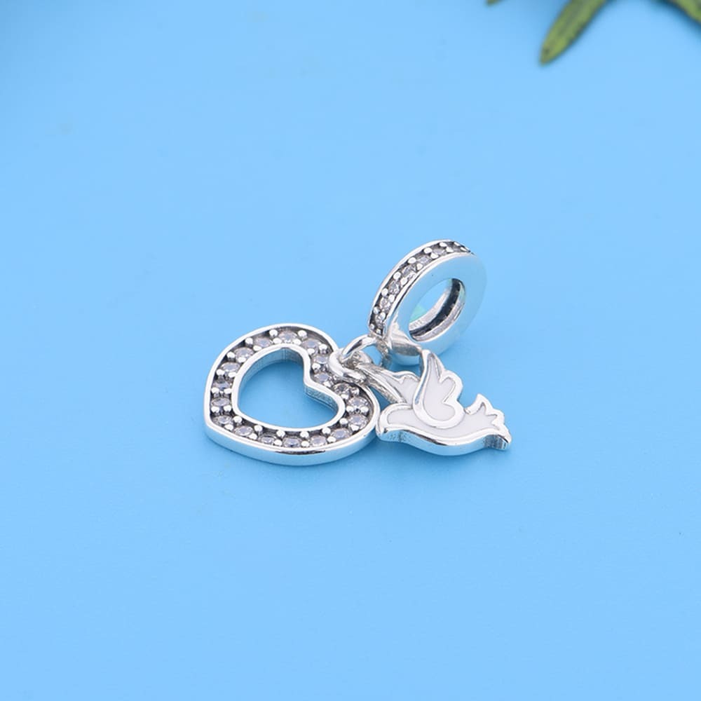 "Peaceful Heart" Flying Dove Dangle Charm - 925 Silver White Enam