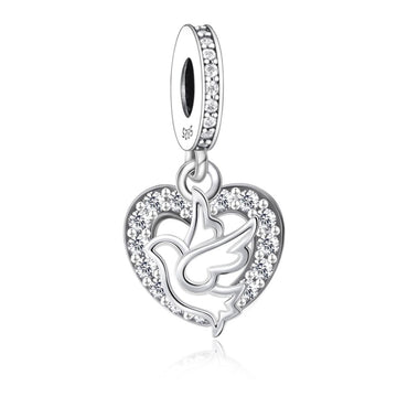 "Peaceful Heart" Flying Dove Dangle Charm - 925 Silver White Enam
