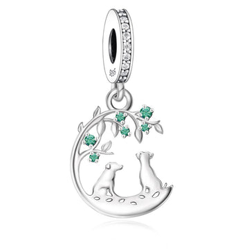 "Moonlit Companions" Dog Charm - 925 Silver & Emerald Green Stones