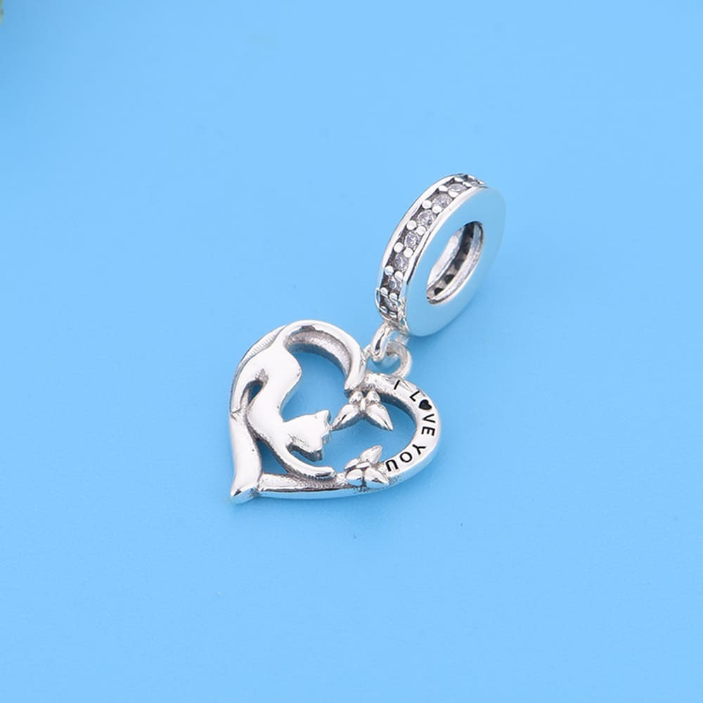 "Curious Love" Cat & Butterfly Heart Dangle Charm - 925 Sterling Silver