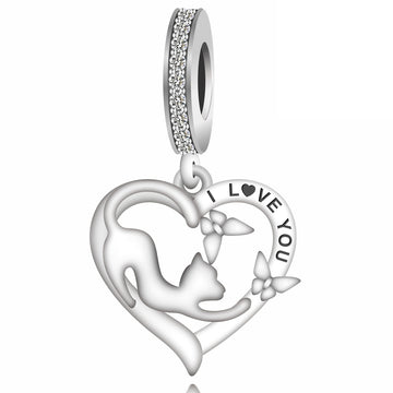 "Curious Love" Cat & Butterfly Heart Dangle Charm - 925 Sterling Silver