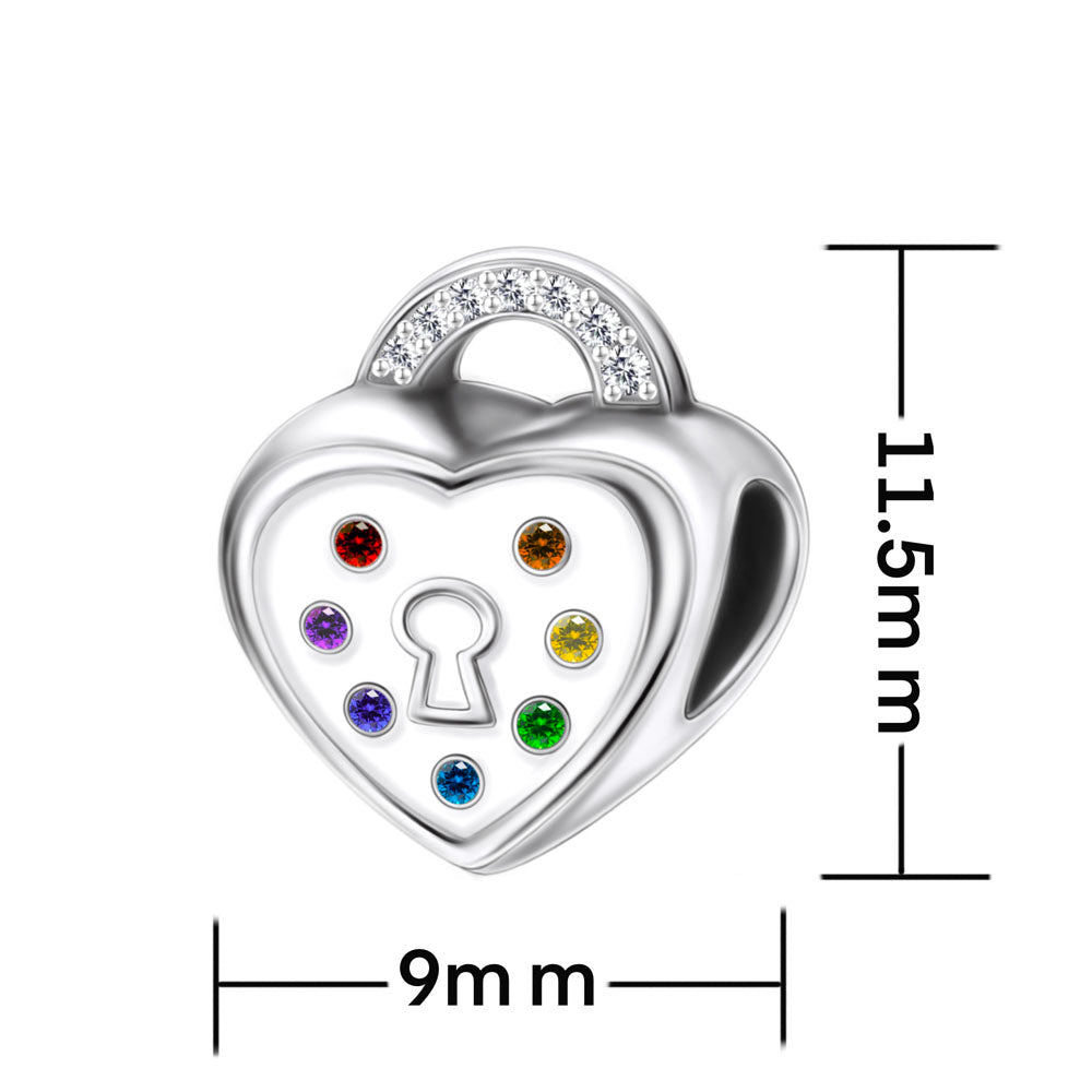 "Spectrum Lock" Heart Bead - 925 Sterling Silver Rainbow CZ