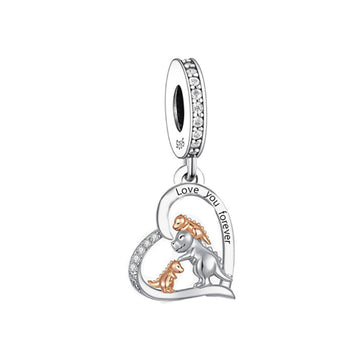 "Primal Love" Dinosaur Family Heart Dangle - Two-Tone Silver