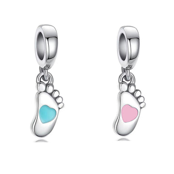 "First Steps" Baby Footprint Charm - 925 Silver Blue & Pink Hearts