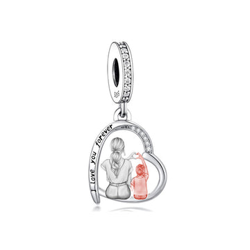 "Heart to Heart" Mother & Son Dangle Charm - 925 Silver Two-Tone