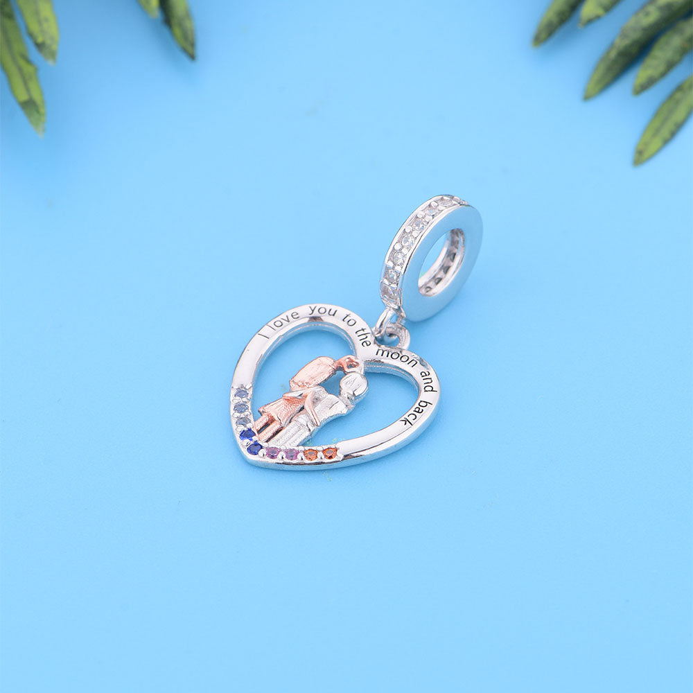 "To the Moon" Couple Dangle Charm - 925 Silver Two-Tone Gold