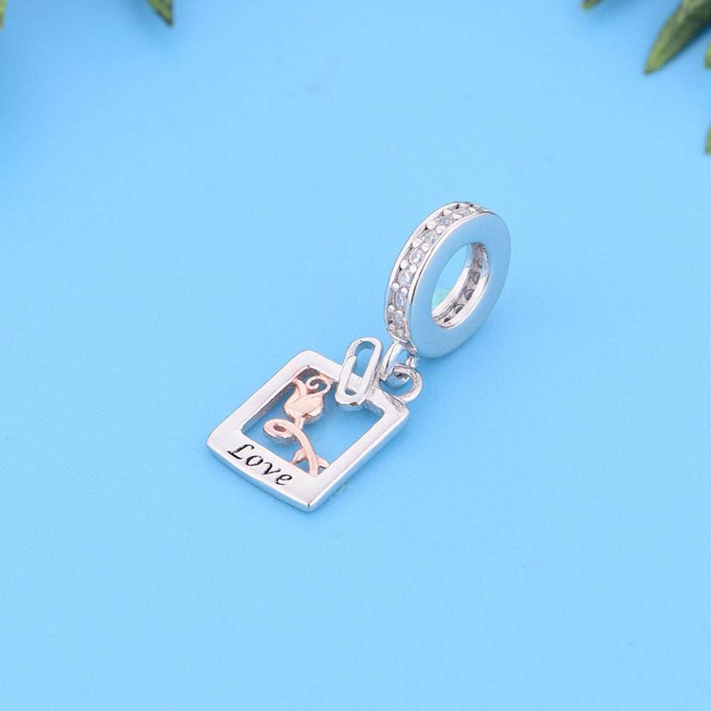 "Love Letter" Rose Frame Dangle Charm - 925 Silver Two-Tone Gold