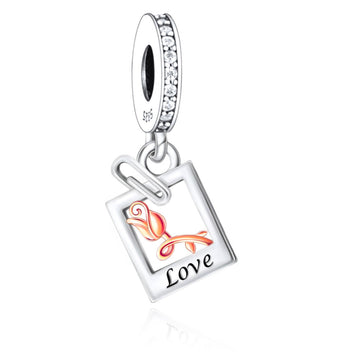 "Love Letter" Rose Frame Dangle Charm - 925 Silver Two-Tone Gold