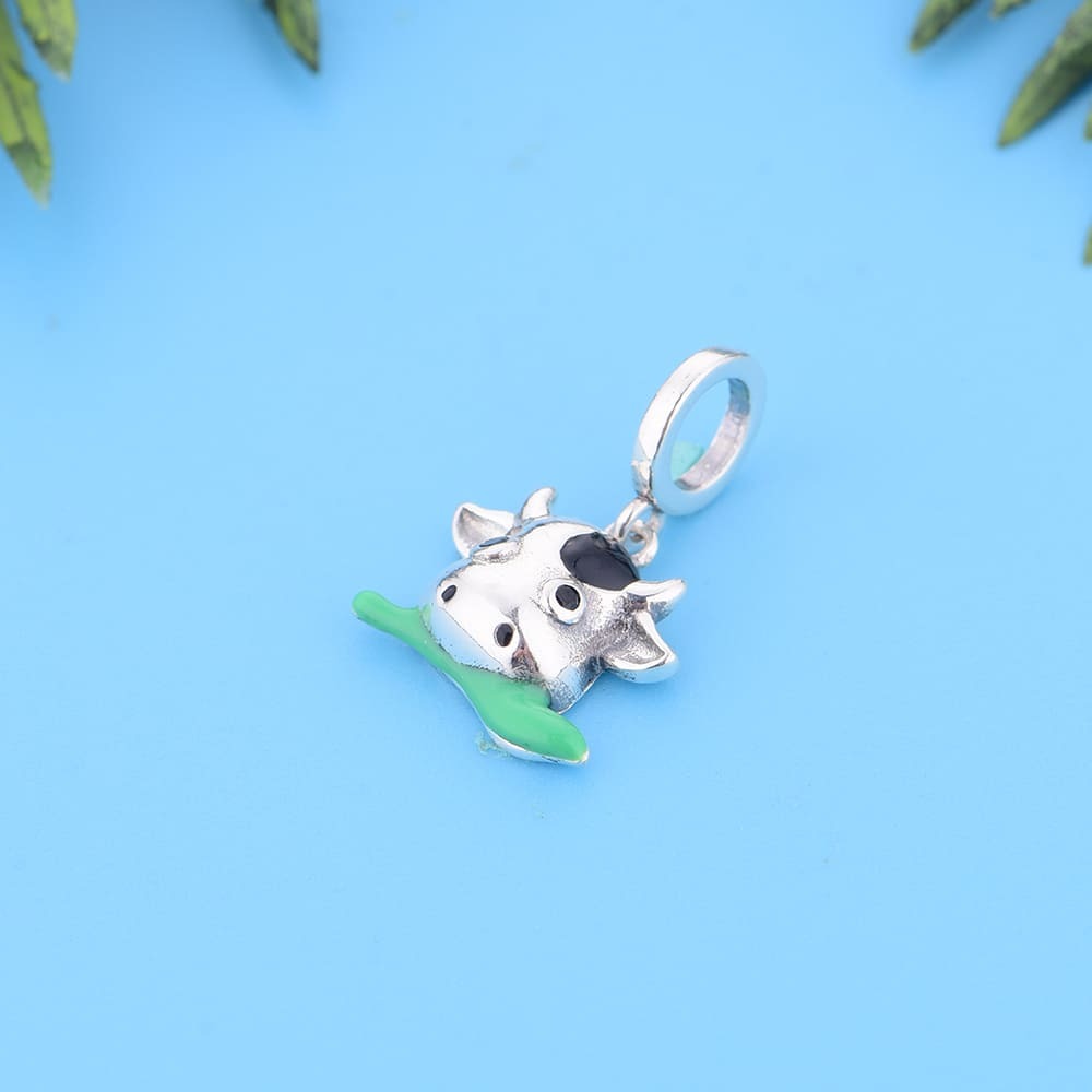 "Grazing Joy" Cow Dangle Charm - 925 Silver with Green Enamel