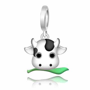 "Grazing Joy" Cow Dangle Charm - 925 Silver with Green Enamel