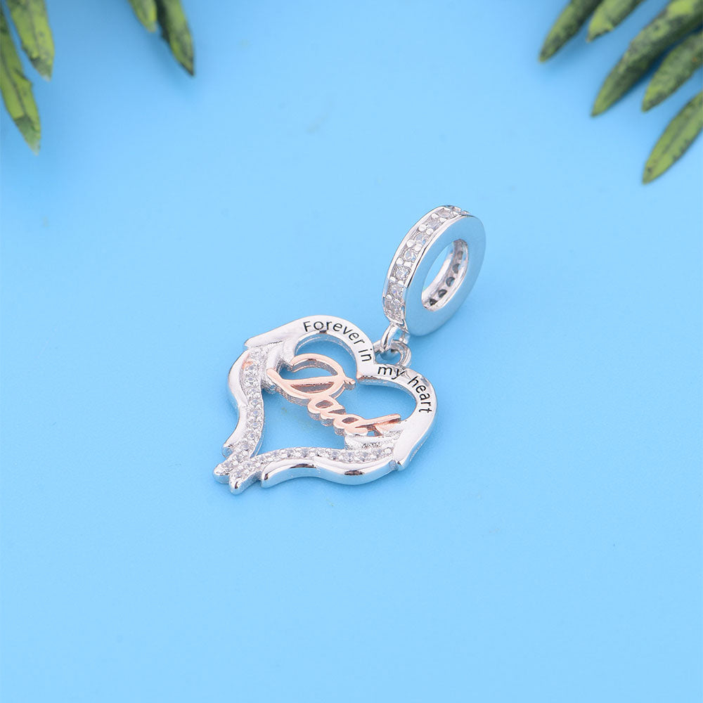 "Eternal Echo" Dad Angel Wing Heart Dangle - Two-Tone Silver