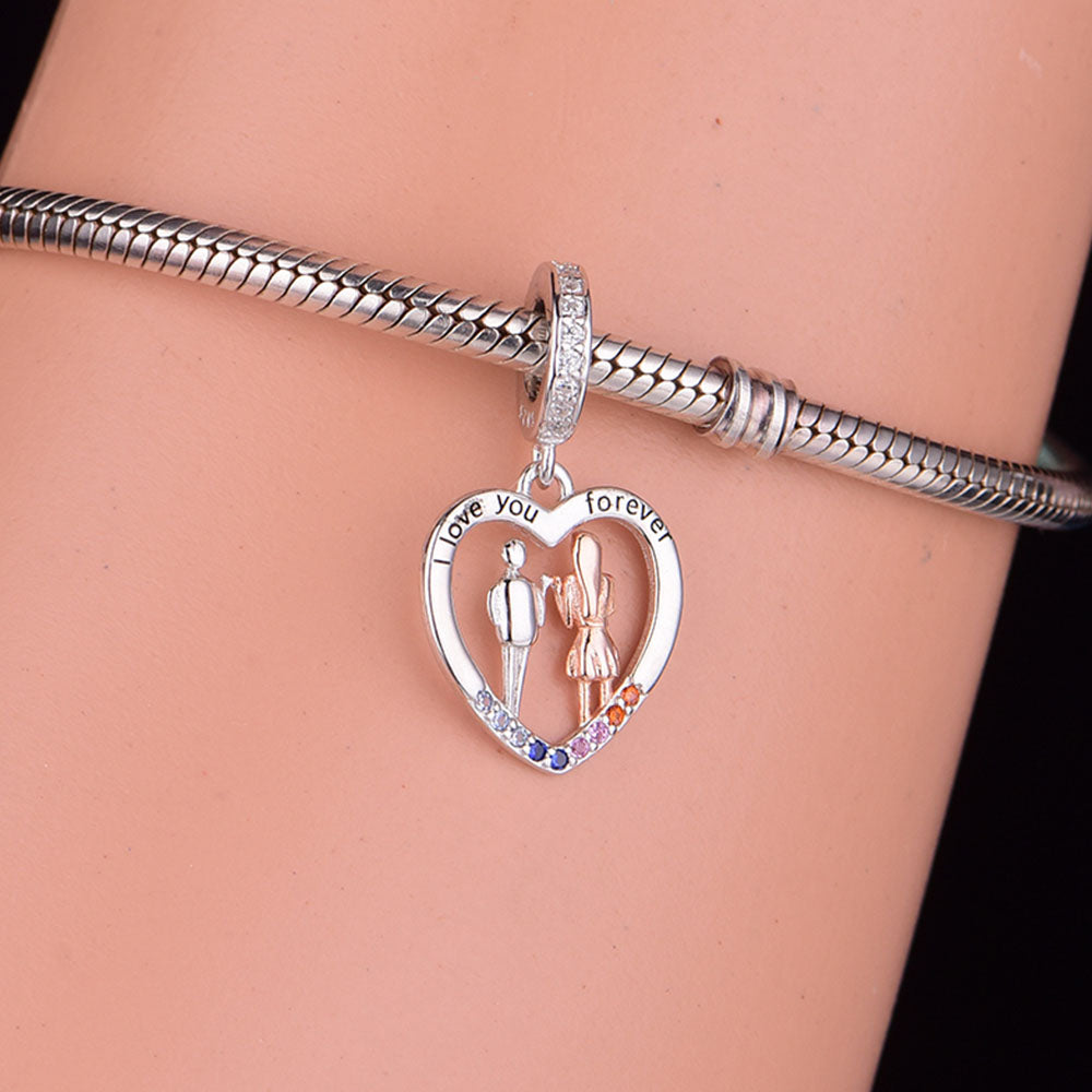 "Hand in Hand" Forever Couple Heart Dangle Charm - 925 Silver Two-Tone Gold