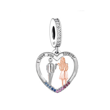 "Hand in Hand" Forever Couple Heart Dangle Charm - 925 Silver Two-Tone Gold