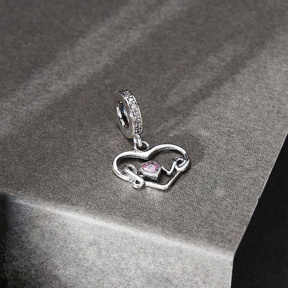 "Scripted Heart" Love Dangle Charm - 925 Silver Pink CZ