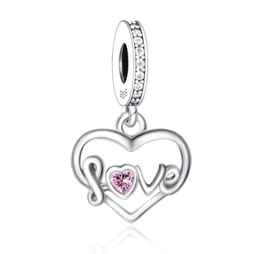 "Scripted Heart" Love Dangle Charm - 925 Silver Pink CZ