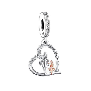 "Walking Together" Mother & Daughter Heart Dangle - 925 Silver Two-Tone