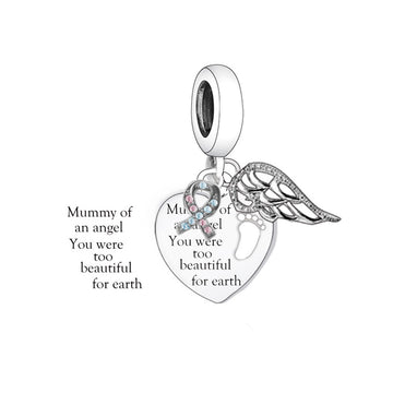 "Angel Mummy" Memorial Heart Dangle - 925 Silver Wing & Ribbon